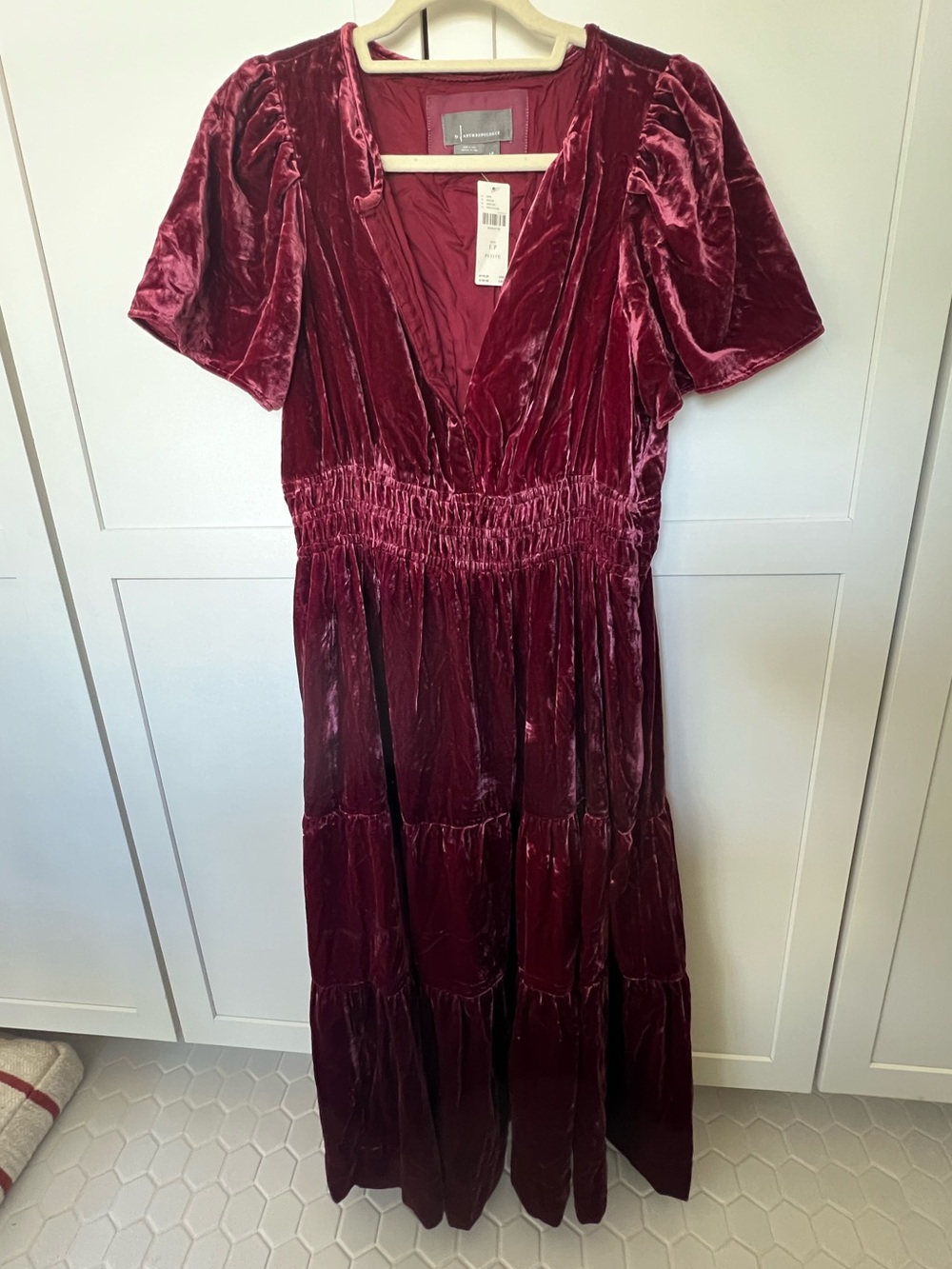 Anthropologie Burgundy Velvet Tiered Petite Maxi Dress with Smocked Waist